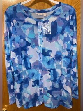 LOGO by Lori Goldstein blue/white watercolor print mesh cardigan Size 1X A474584